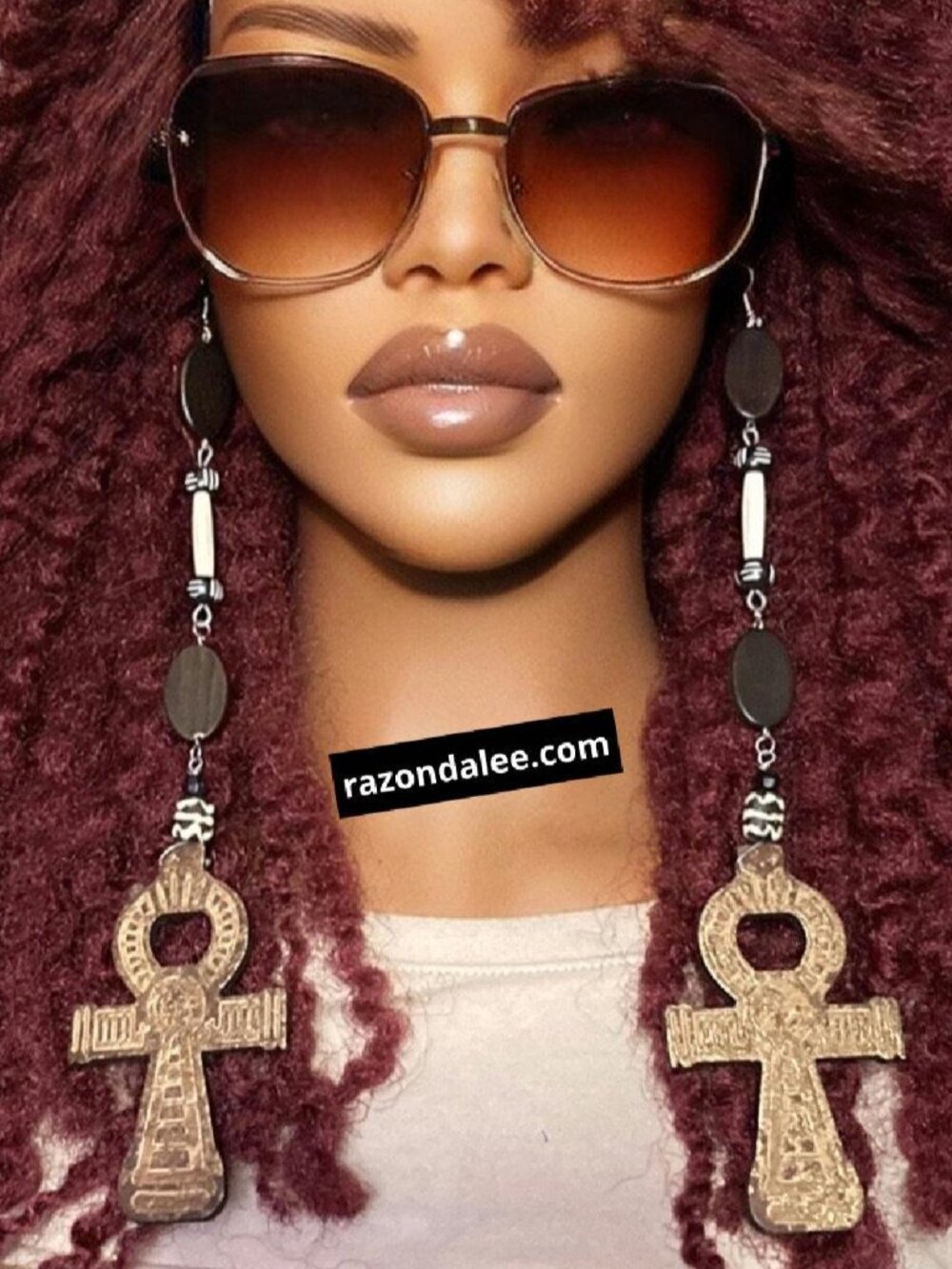 Elongated Dangle Earrings Wooden Ankhs Brown Multi by Razonda Lee